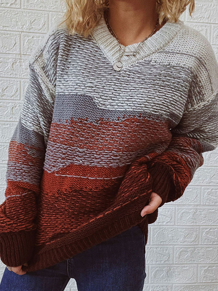 Vintage Long Sleeve Crew Neck Contrast Sweater-ABOXUN