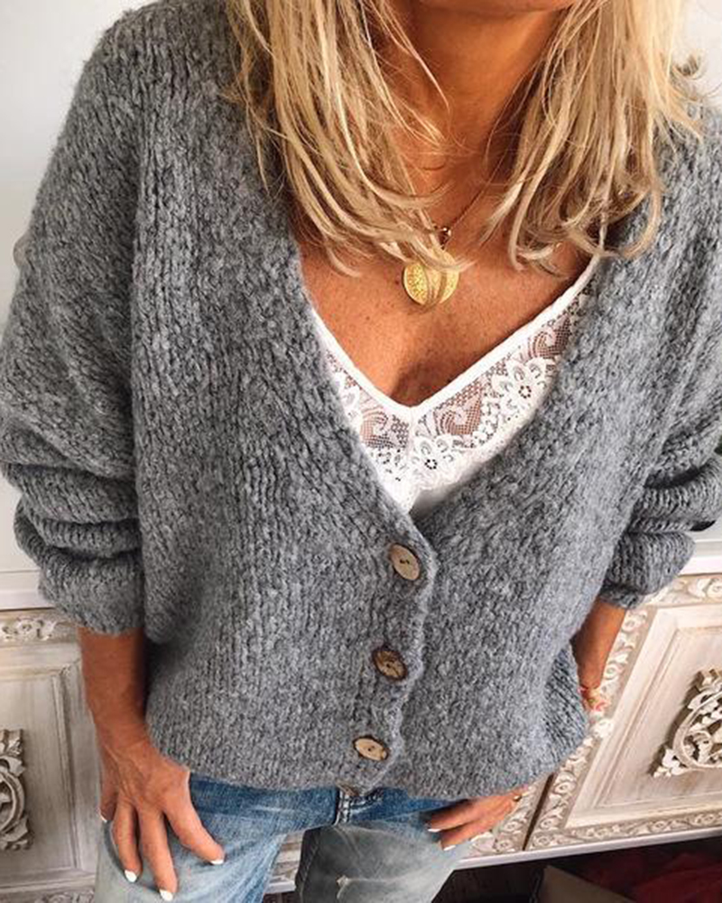 LOOSE CASUAL SINGLE BREASTED V-NECK KNITTED SWEATERS-ABOXUN