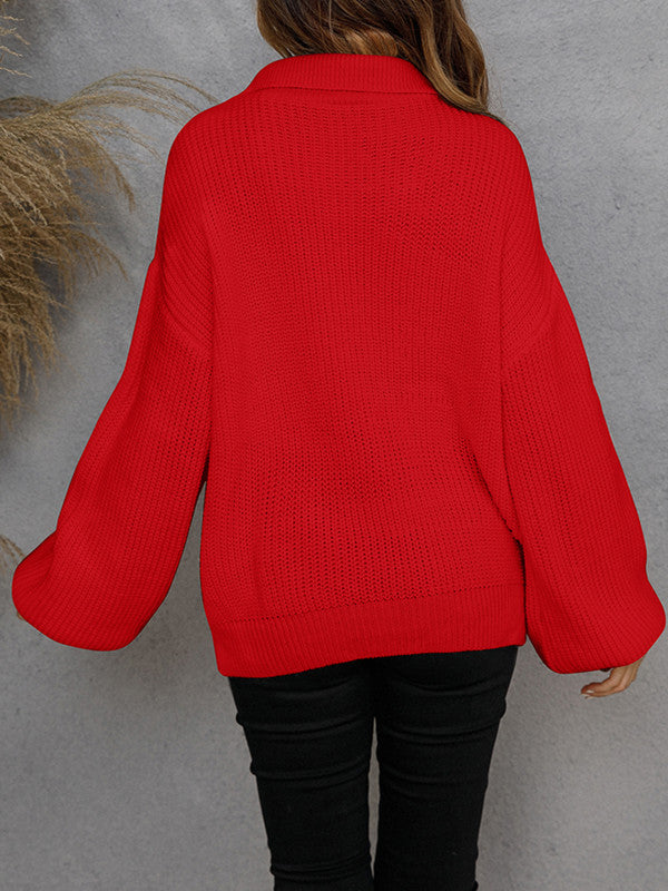 Pullover Zip Knit Lapel Solid Sweater-ABOXUN