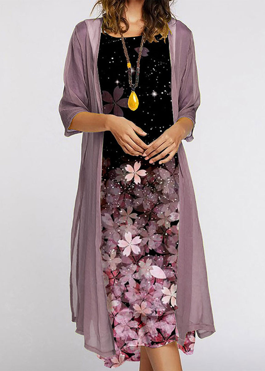 Two Pieces Floral Print Round Collar Chiffon Sweater Set-ABOXUN