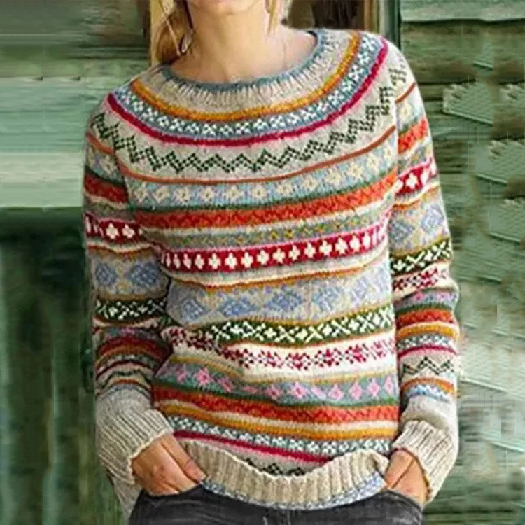 Vintage Ethnic Pattern Crew Neck Sweater-ABOXUN