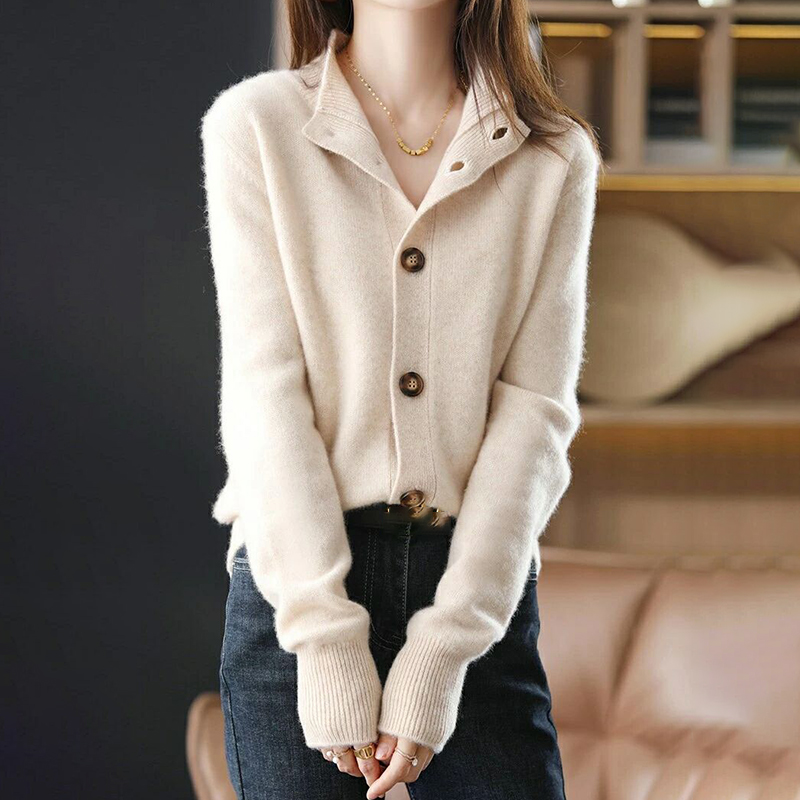 Solid Button Stand Collar Knitted Cardigan-ABOXUN