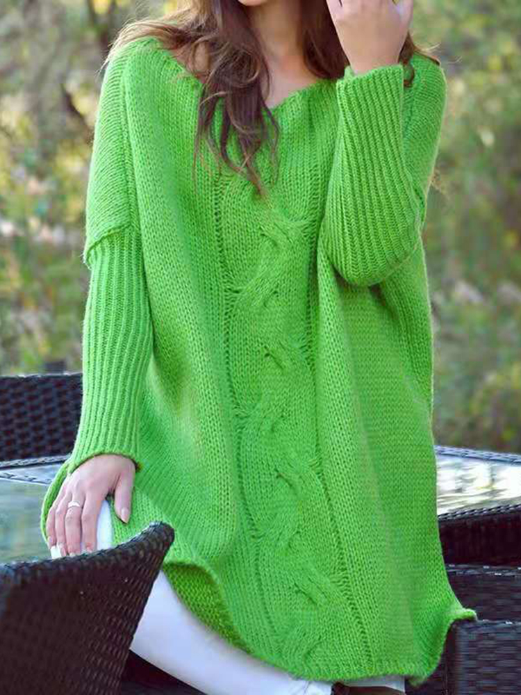 Crew Neck Loose Hem Slit Long Sleeve Knit Sweater-ABOXUN