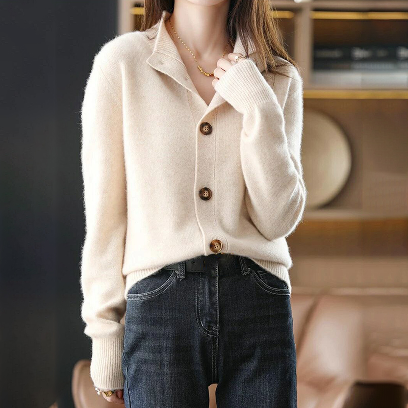 Solid Button Stand Collar Knitted Cardigan-ABOXUN