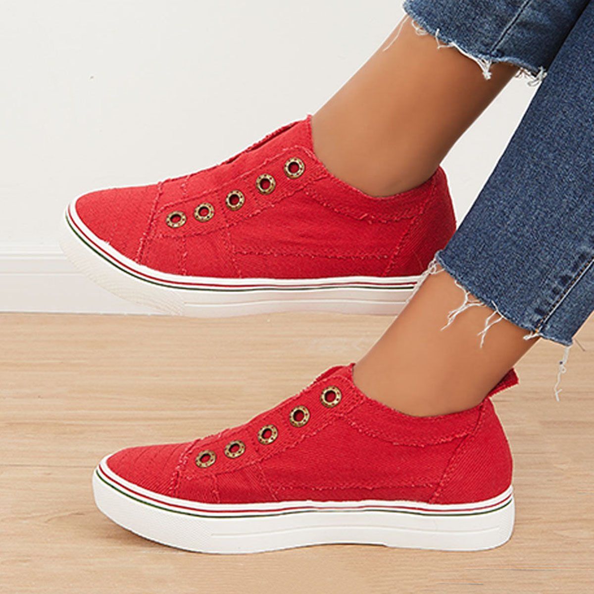Women Red Canvas Casual Slip on Loafer Flat Sneakers Walking Shoes-ABOXUN