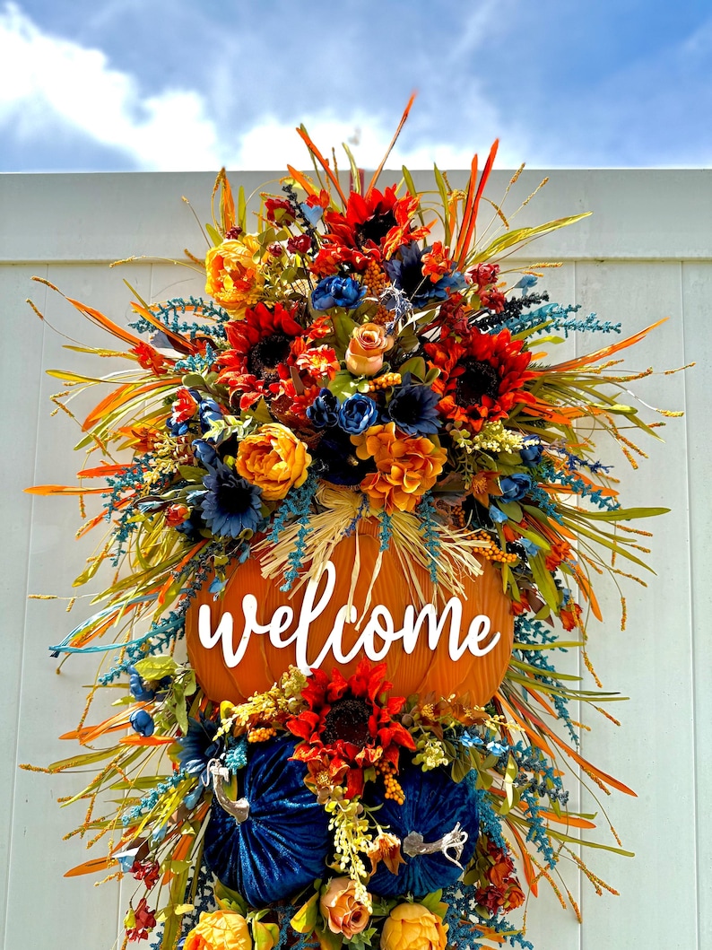 XL Double Door Fall Wreath | Blue Harvest Welcome Decor | Pumpkin Patch & Sunflower Front Door Floral Arrangement | Thanksgiving Seasonal