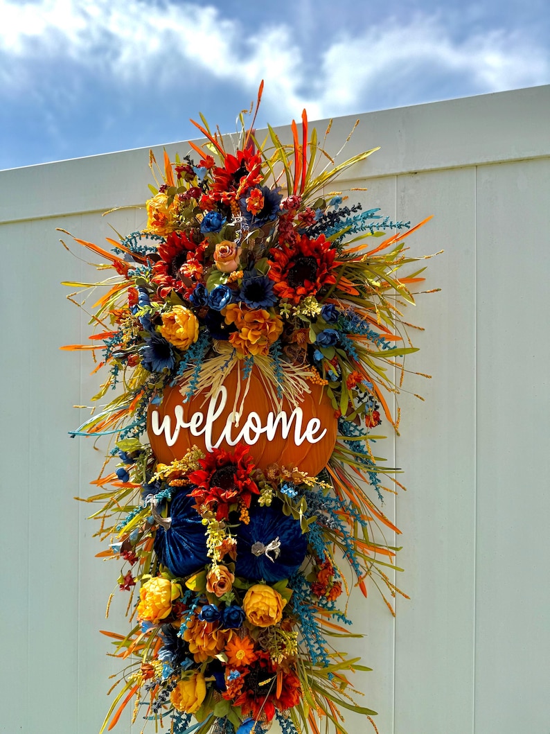 XL Double Door Fall Wreath | Blue Harvest Welcome Decor | Pumpkin Patch & Sunflower Front Door Floral Arrangement | Thanksgiving Seasonal