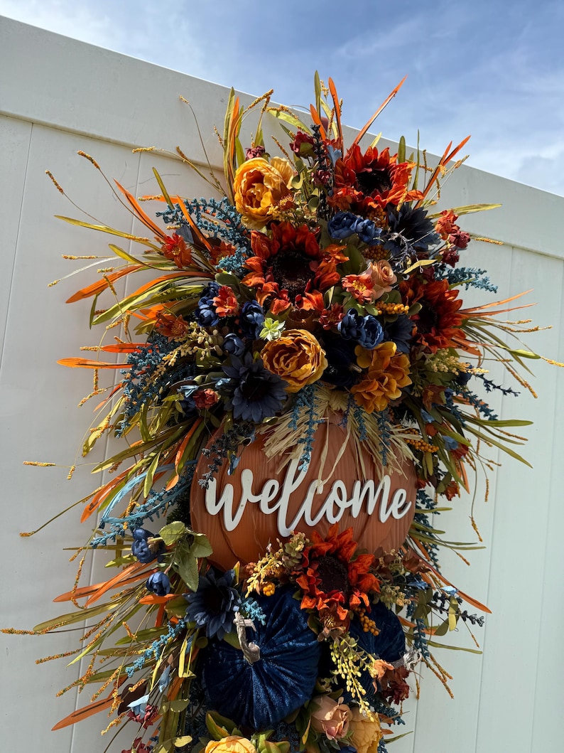 XL Double Door Fall Wreath | Blue Harvest Welcome Decor | Pumpkin Patch & Sunflower Front Door Floral Arrangement | Thanksgiving Seasonal