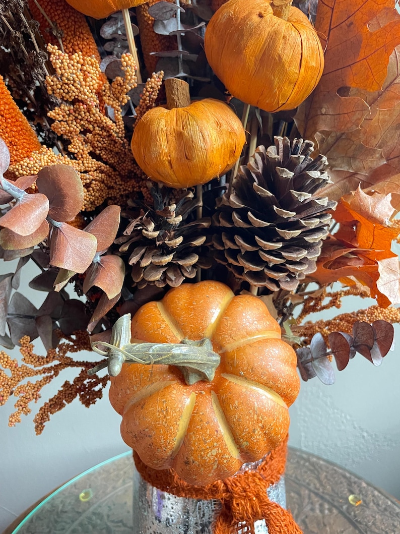 Autumn Pumpkin & Pinecone Arrangement in Silver Vase - Fall Wedding Centerpiece, Elegant Halloween or Thanksgiving Decor