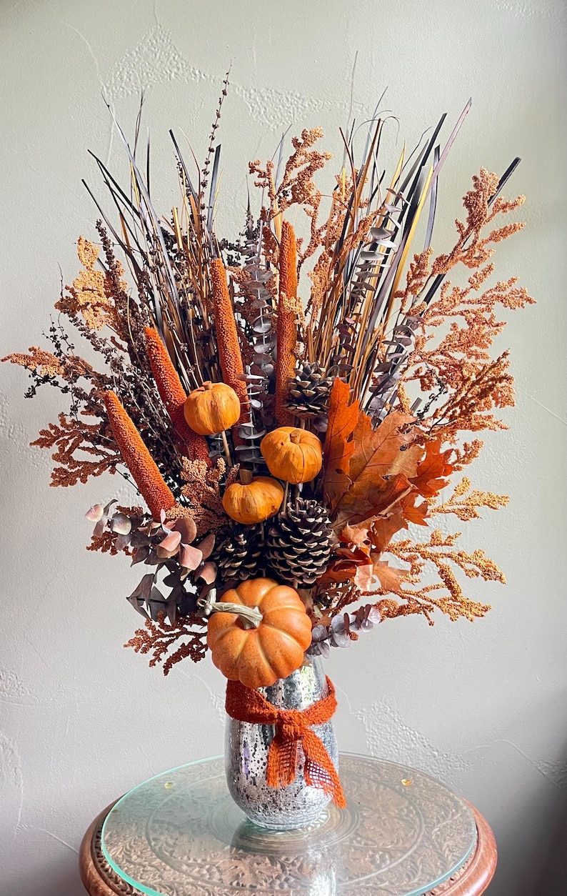 Autumn Pumpkin & Pinecone Arrangement in Silver Vase - Fall Wedding Centerpiece, Elegant Halloween or Thanksgiving Decor