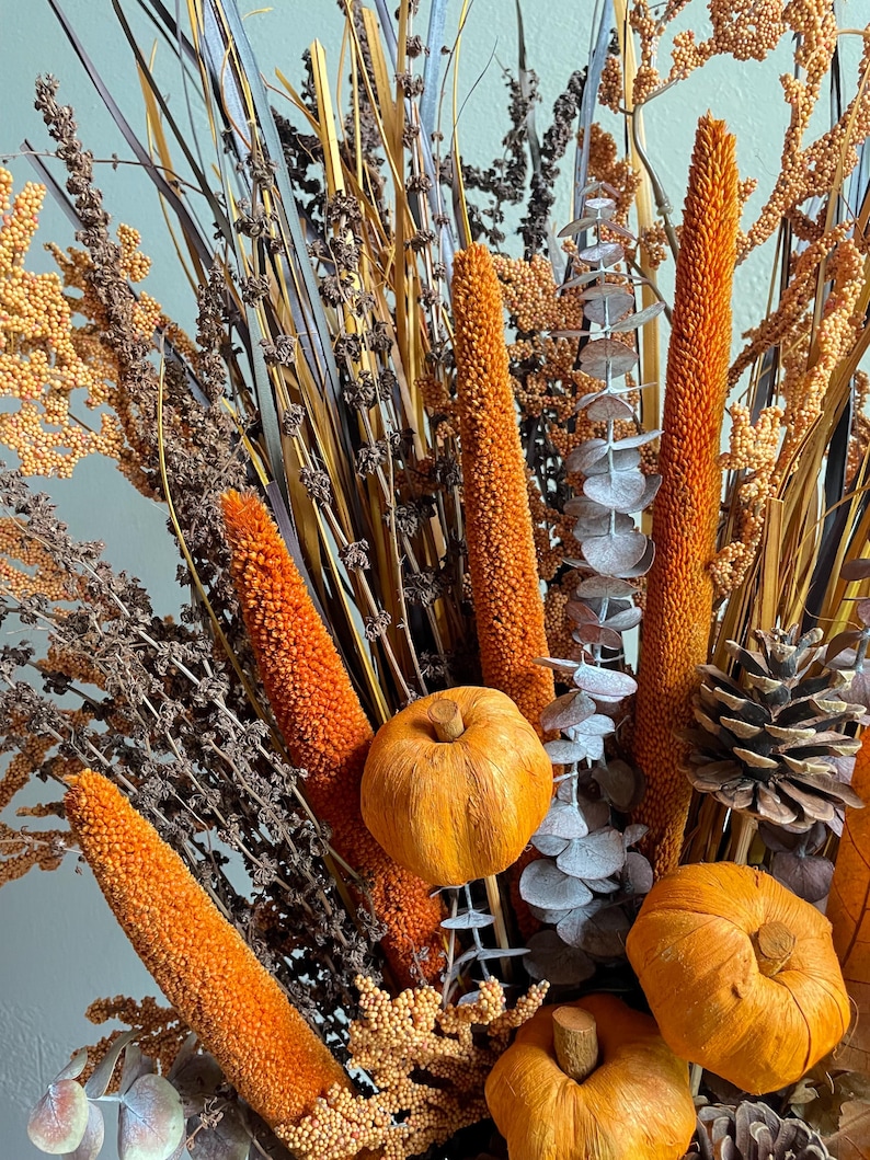 Autumn Pumpkin & Pinecone Arrangement in Silver Vase - Fall Wedding Centerpiece, Elegant Halloween or Thanksgiving Decor