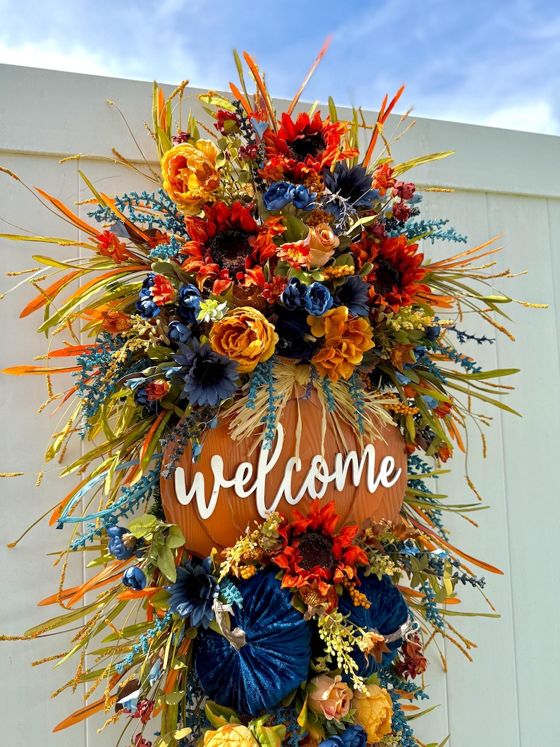 XL Double Door Fall Wreath | Blue Harvest Welcome Decor | Pumpkin Patch & Sunflower Front Door Floral Arrangement | Thanksgiving Seasonal
