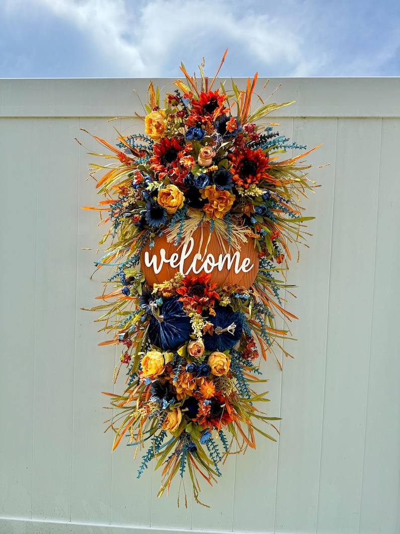 XL Double Door Fall Wreath | Blue Harvest Welcome Decor | Pumpkin Patch & Sunflower Front Door Floral Arrangement | Thanksgiving Seasonal