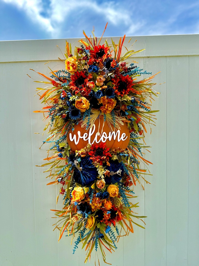 XL Double Door Fall Wreath | Blue Harvest Welcome Decor | Pumpkin Patch & Sunflower Front Door Floral Arrangement | Thanksgiving Seasonal