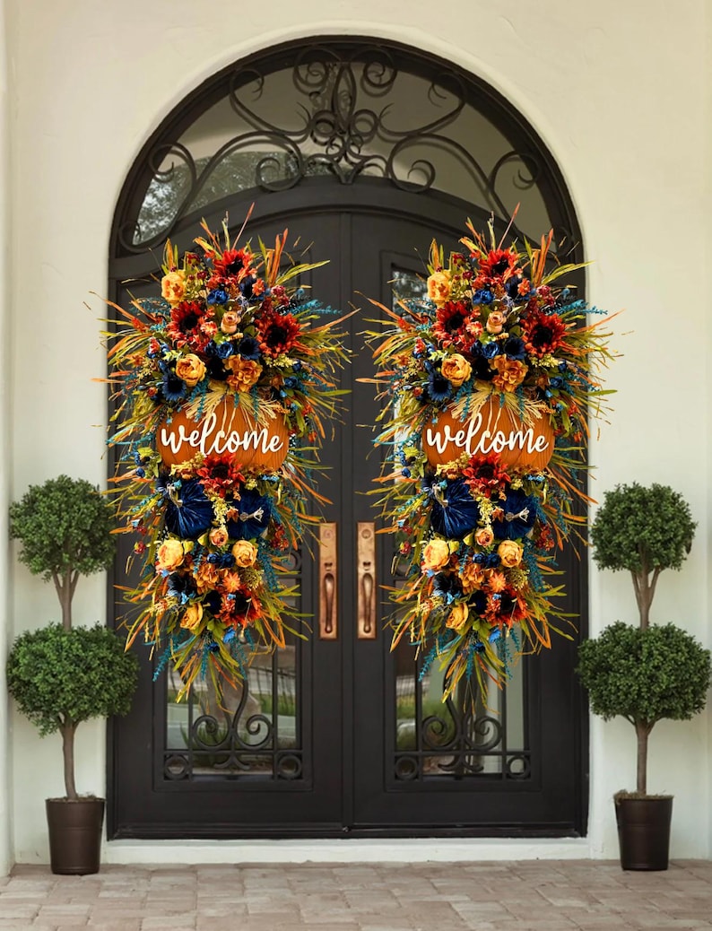 XL Double Door Fall Wreath | Blue Harvest Welcome Decor | Pumpkin Patch & Sunflower Front Door Floral Arrangement | Thanksgiving Seasonal