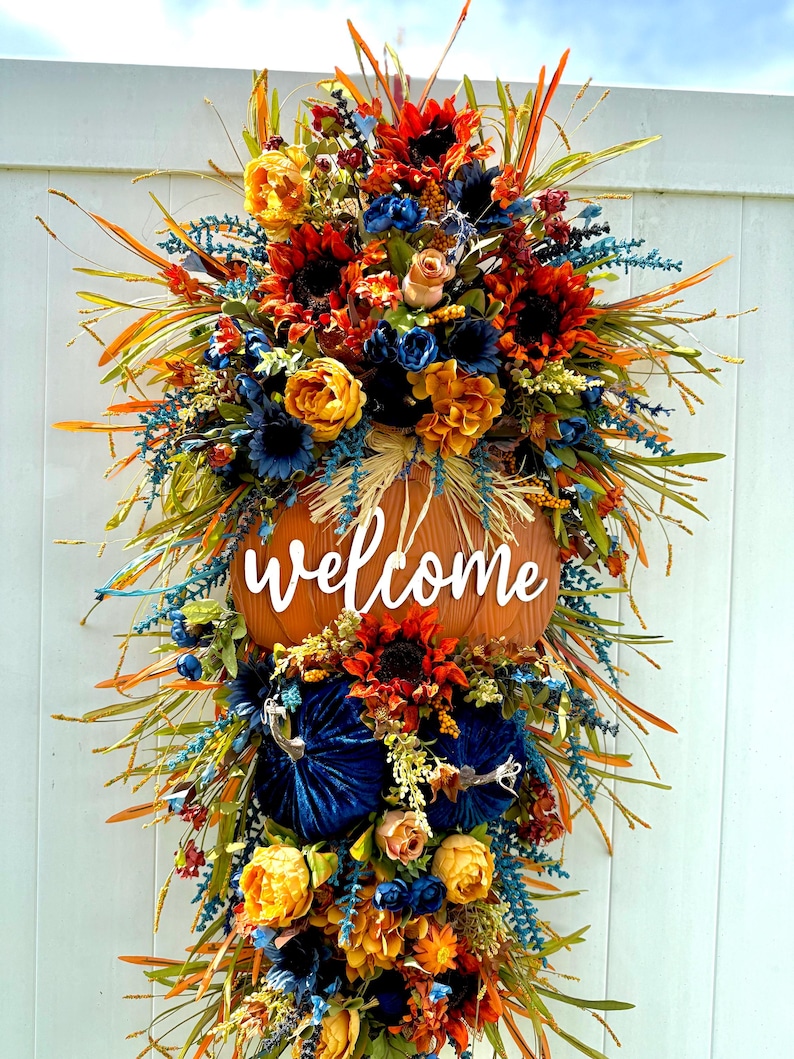 XL Double Door Fall Wreath | Blue Harvest Welcome Decor | Pumpkin Patch & Sunflower Front Door Floral Arrangement | Thanksgiving Seasonal