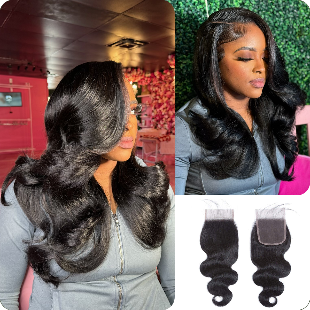 [WEQUEENS] Upgrade Body Wave Transparent Lace Closure 2"x6";4"x4";5"x5";13"x4"; #1B Natural Black 12-20inch