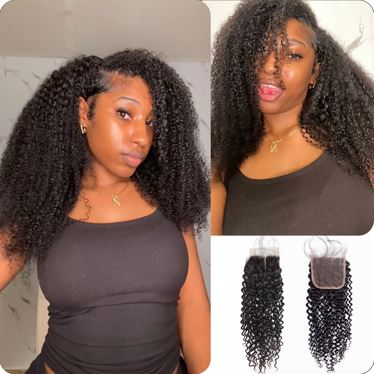 [WEQUEENS] Upgrade Kinky Curly Transparent Lace Closure 2"x6";4"x4";5"x5";13"x4"; #1B Natural Black 12-20inch