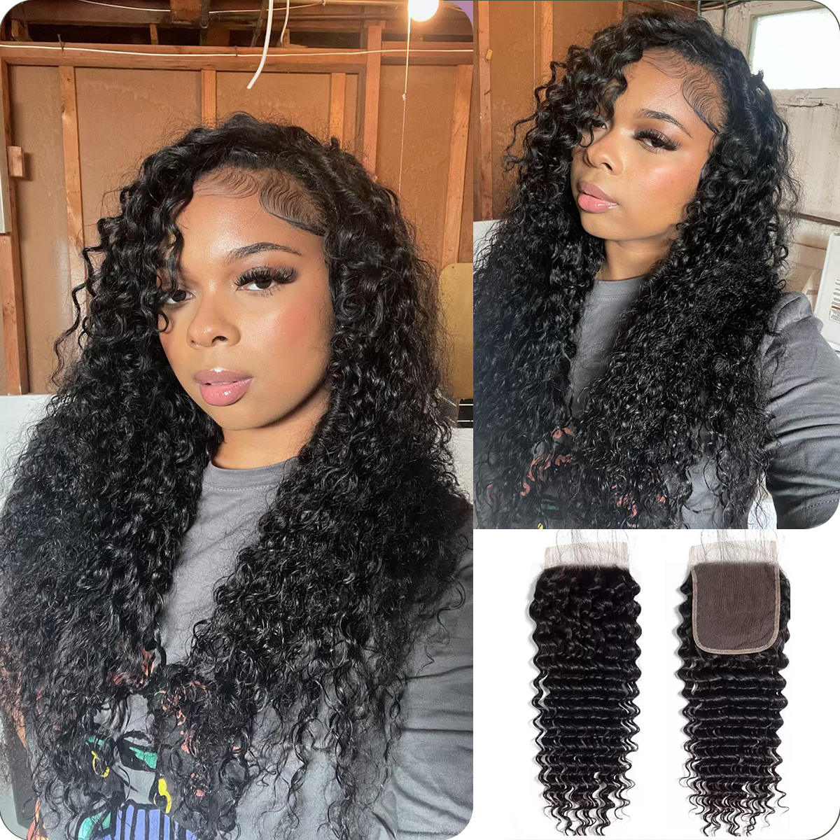 [Copy][WEQUEENS] Upgrade Deep Wave Transparent Lace Closure 2"x6";4"x4";5"x5";13"x4"; #1B Natural Black 12-20inch