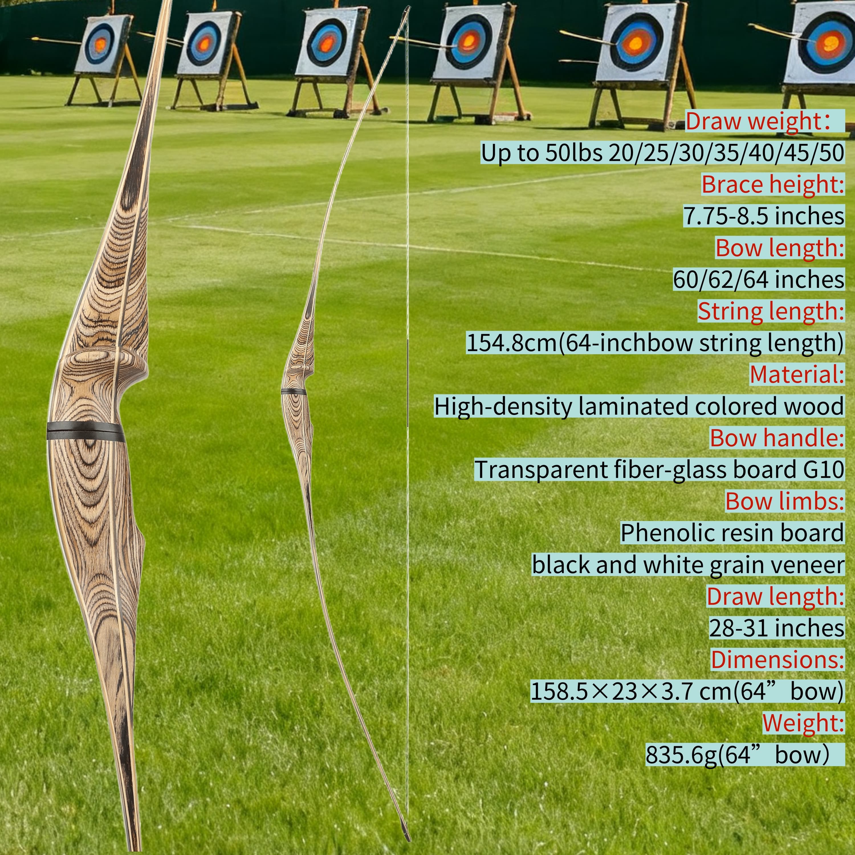  60" 62" 64" Traditional Archery Longbow RH/LH 20-50# @28"