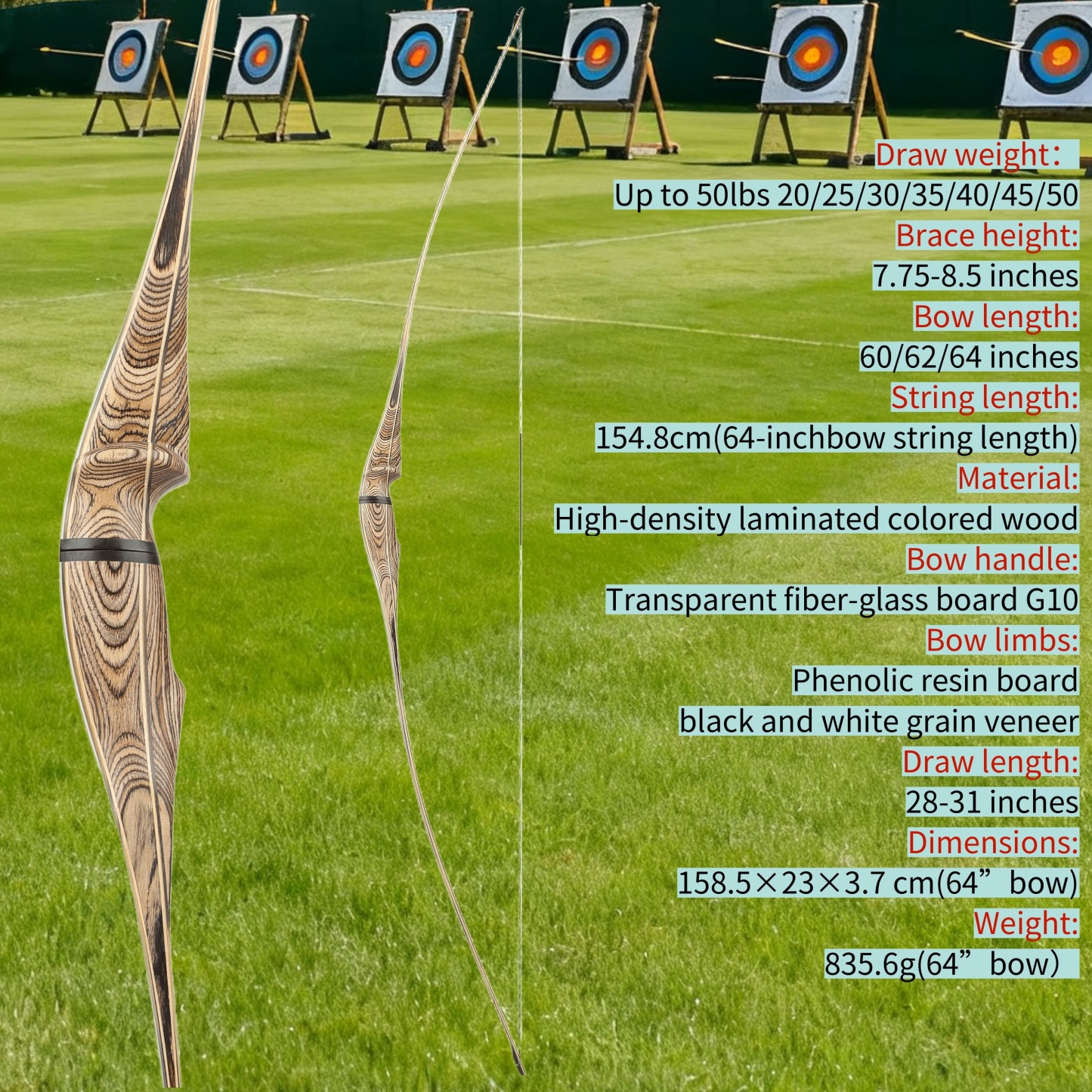  60" 62" 64" Traditional Archery Longbow RH/LH 20-50# @28"