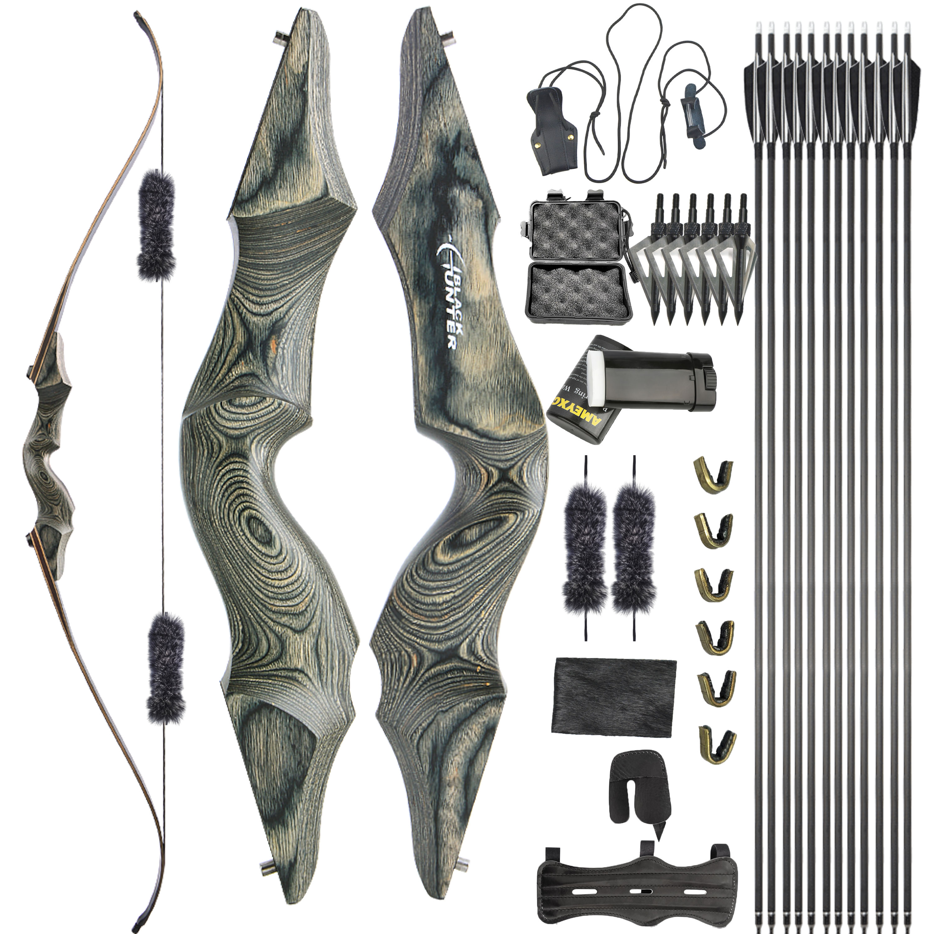 Black Hunter Wooden Recurve Takedown Bow for Adults