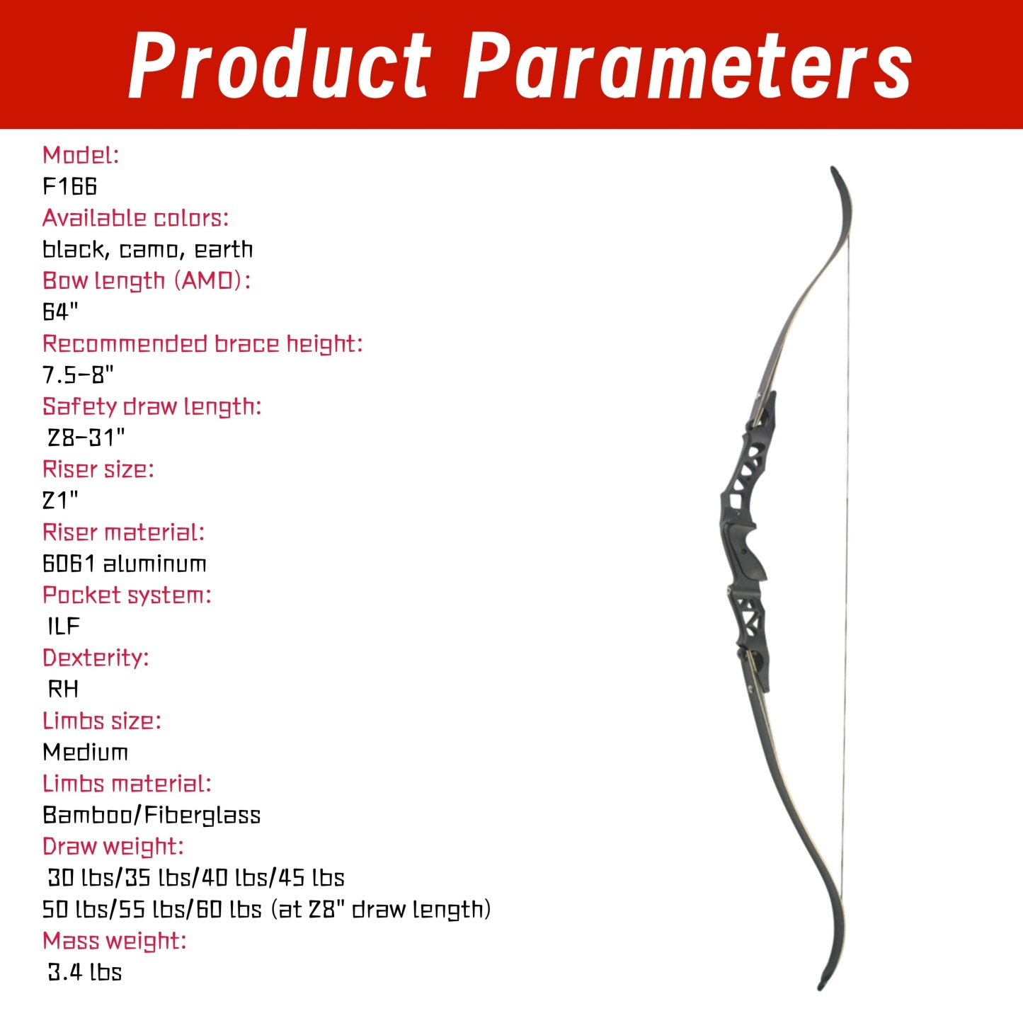 JUNXING F166 Archery ILF Hunting Recurve Bow