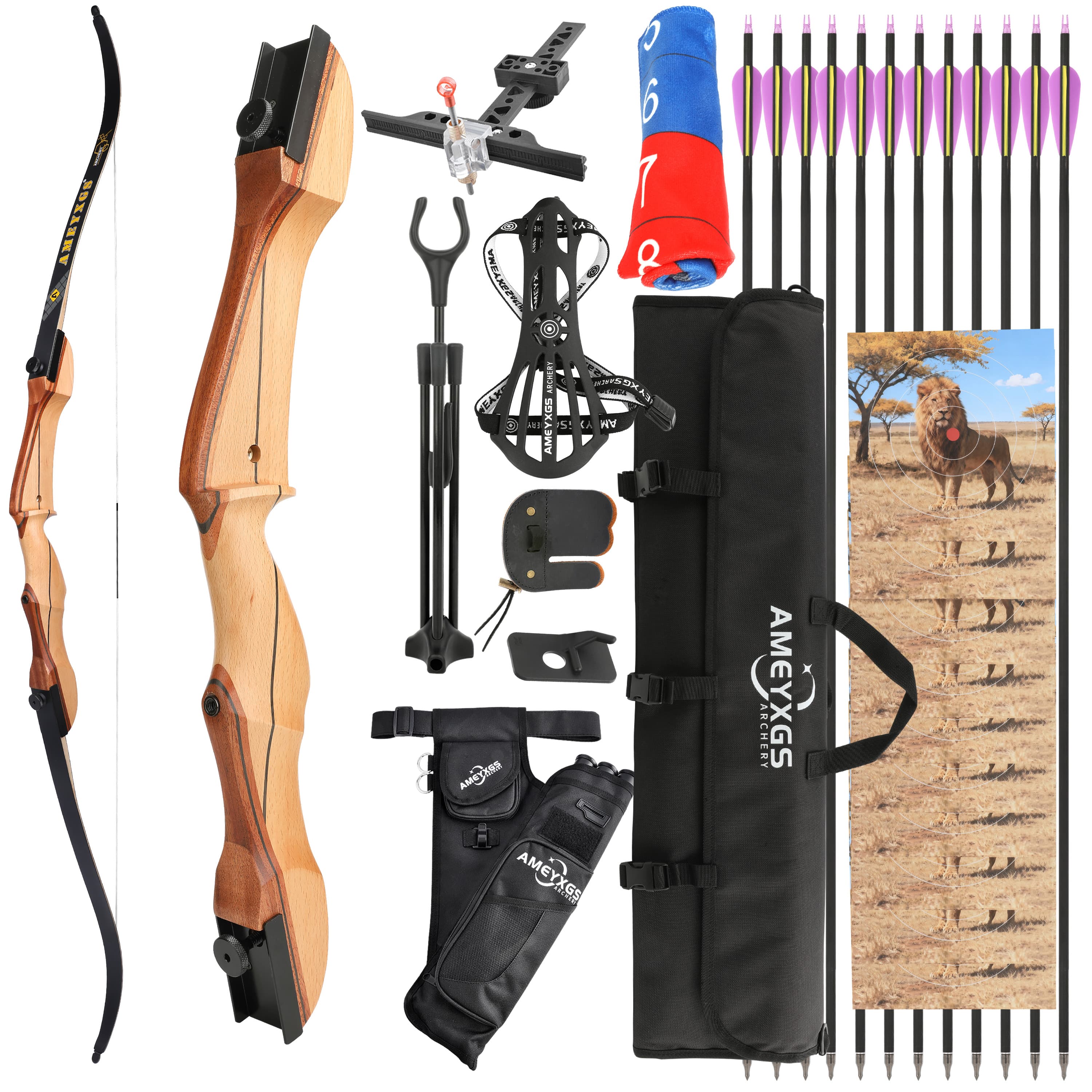 Recurve Bow Complete Kit 66'' for Hunting & Practice 14-24lbs