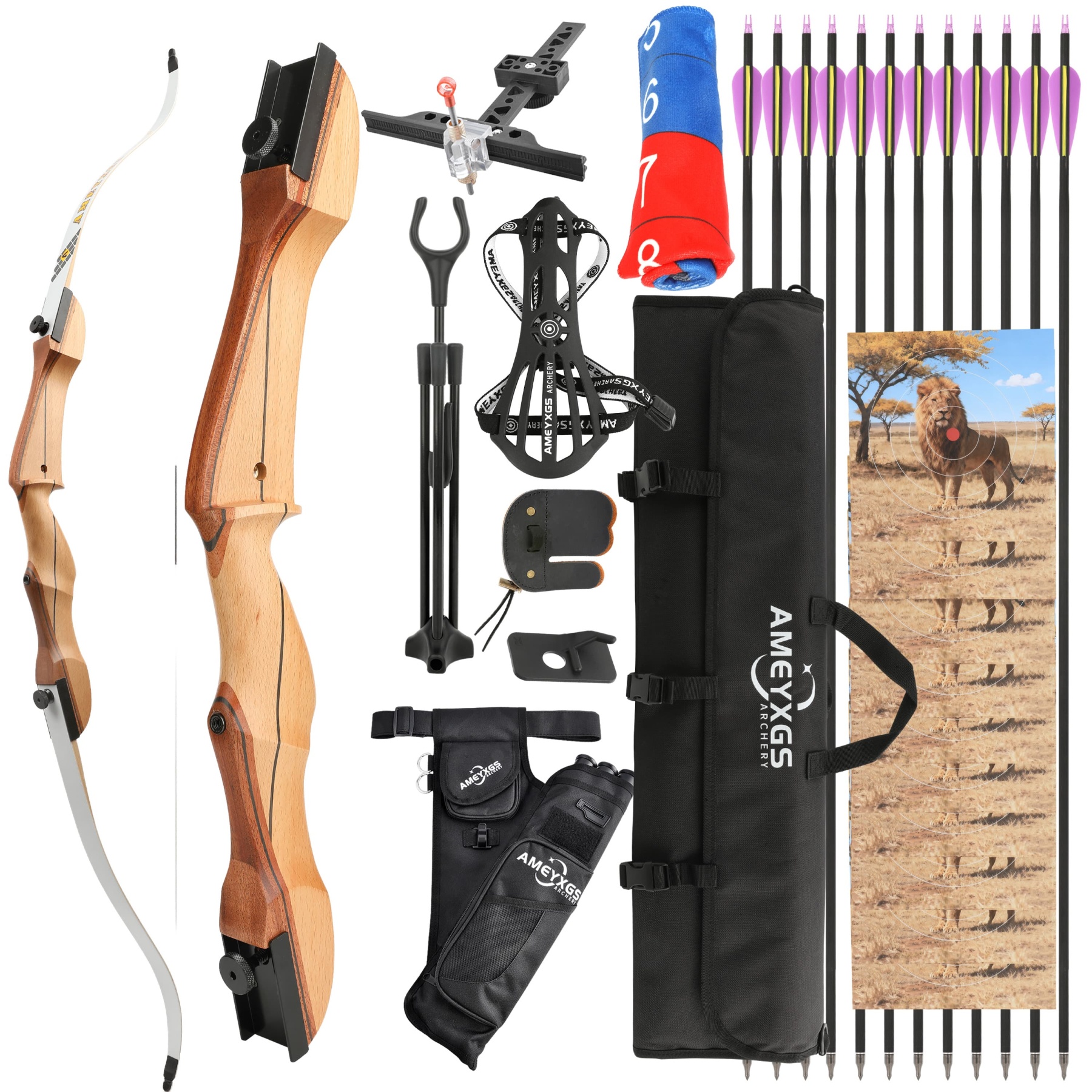 Recurve Bow Complete Kit 66'' for Hunting & Practice 14-24lbs