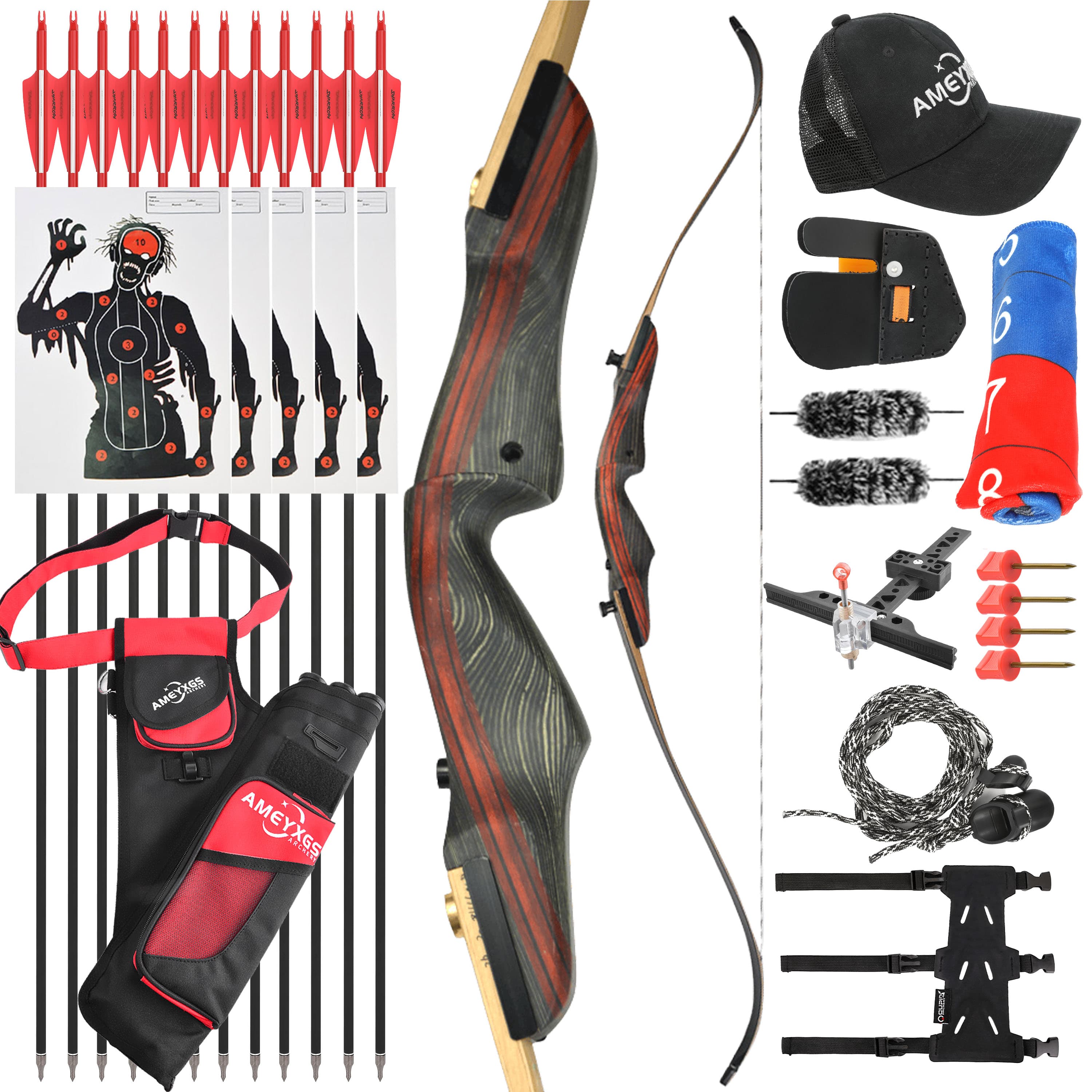 Recurve Bow and Arrow Kit 20-50lbs Wooden Takedown Split Bow Hunting