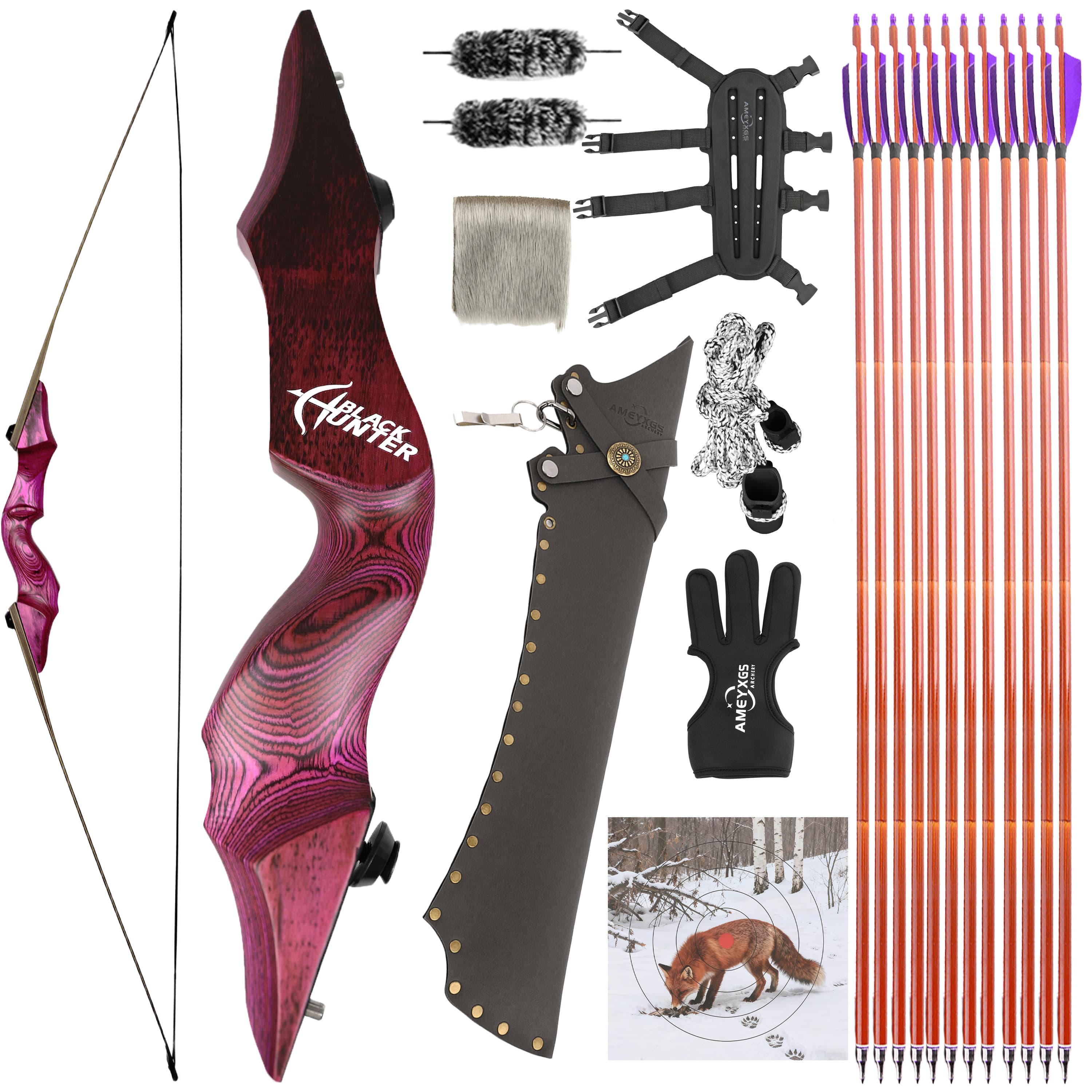 25-60lbs Recurve Bow Kit 60" Wooden Takedown Split Bow