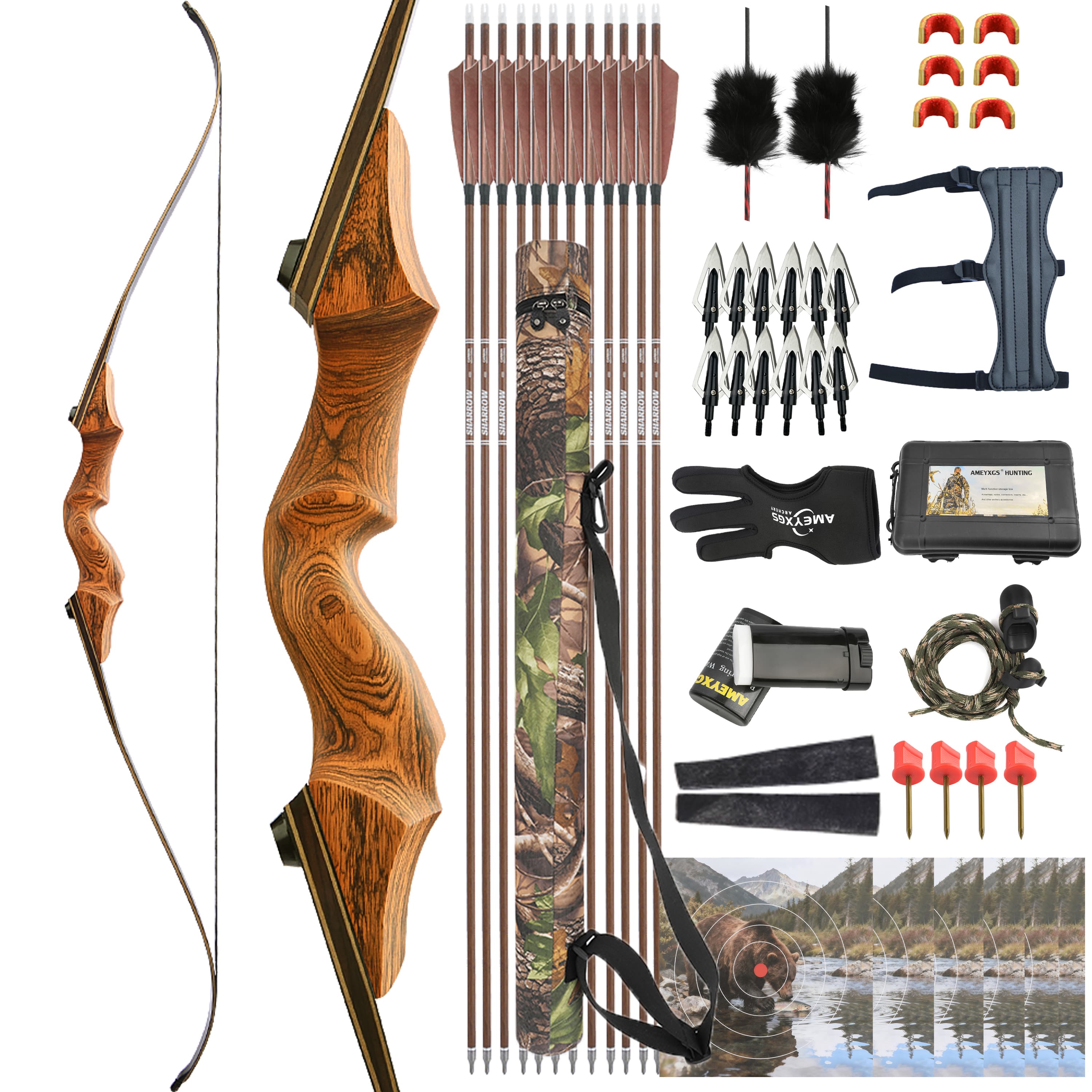 Black Hunter Recurve Bow 20-60 Lbs Archery Target Kit