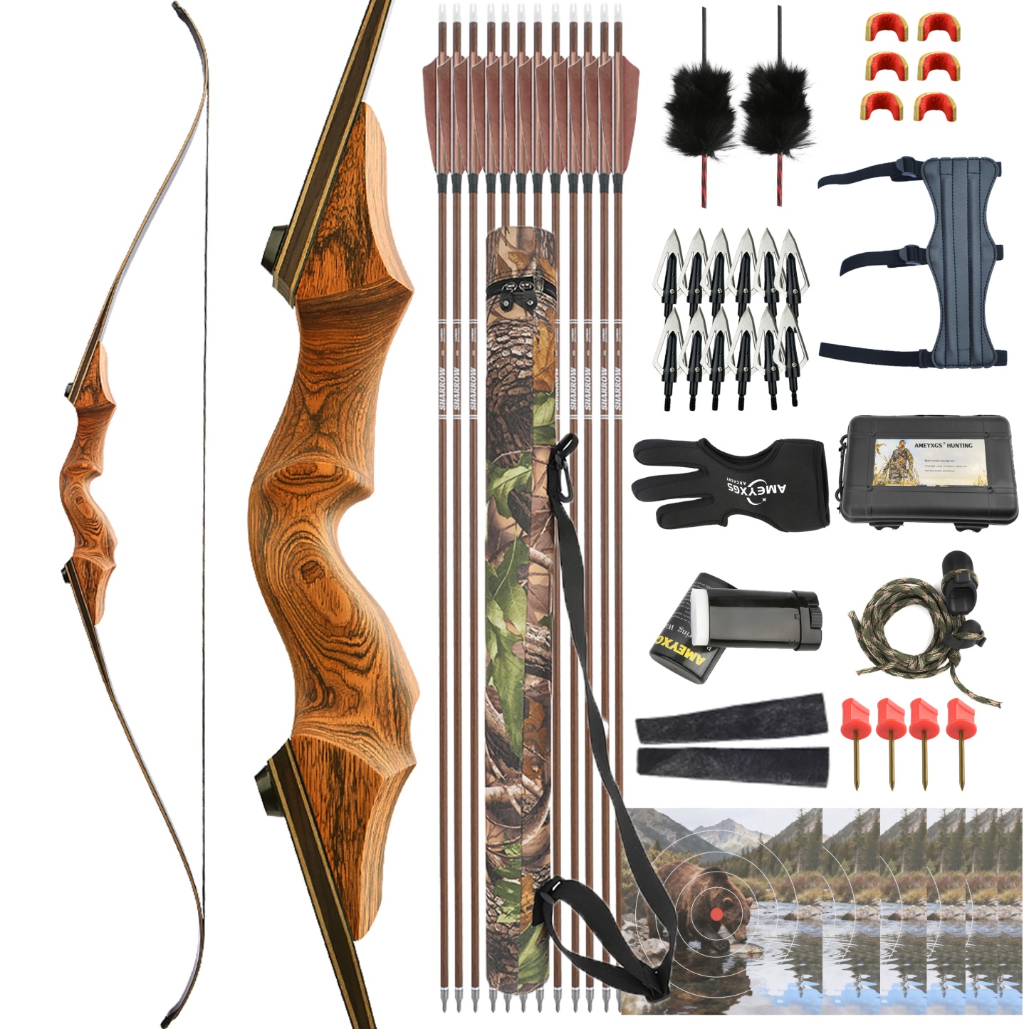 Black Hunter Recurve Bow 20-60 Lbs Archery Target Kit