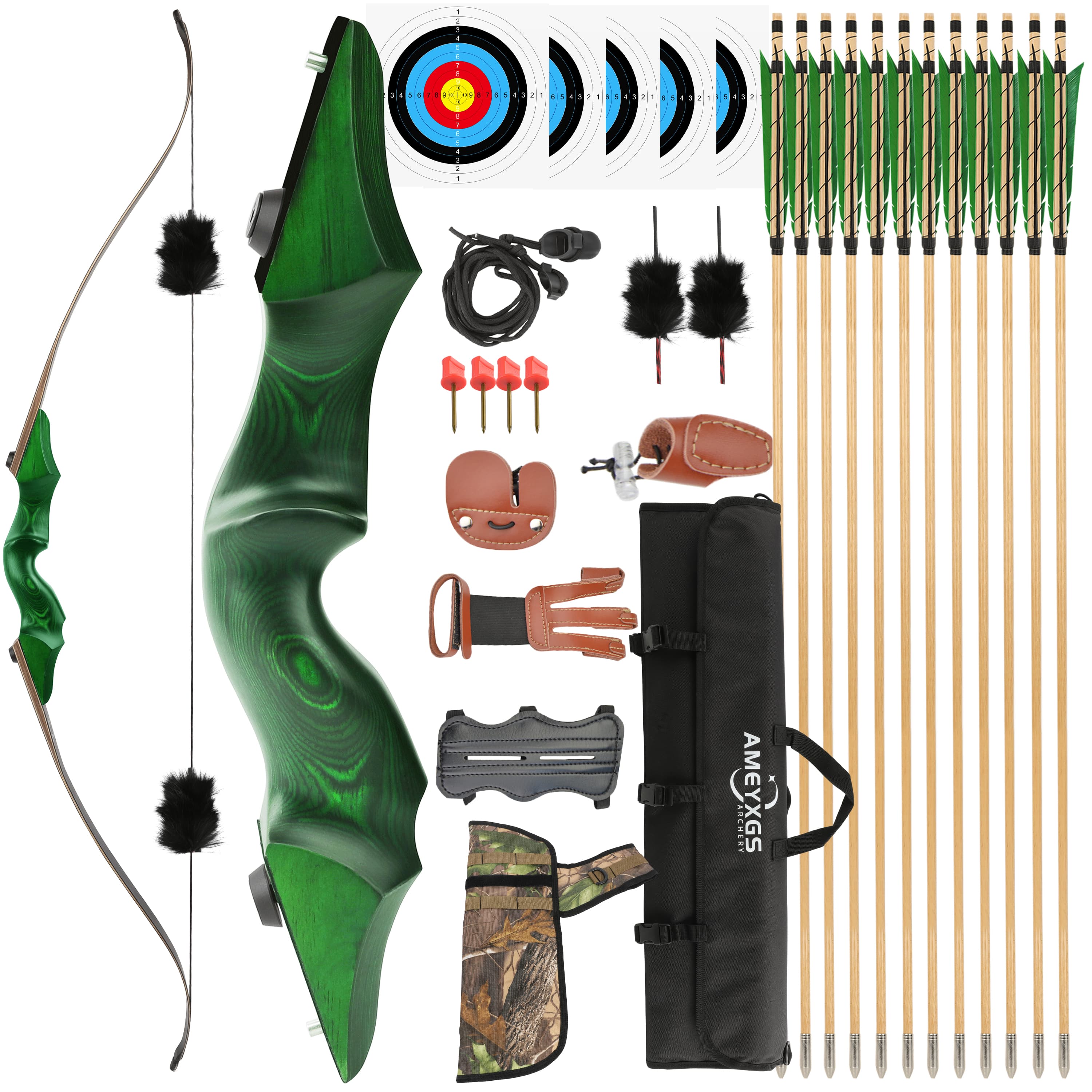 Black Hunter Wooden Recurve Bow 20-60 Lbs Archery Kit