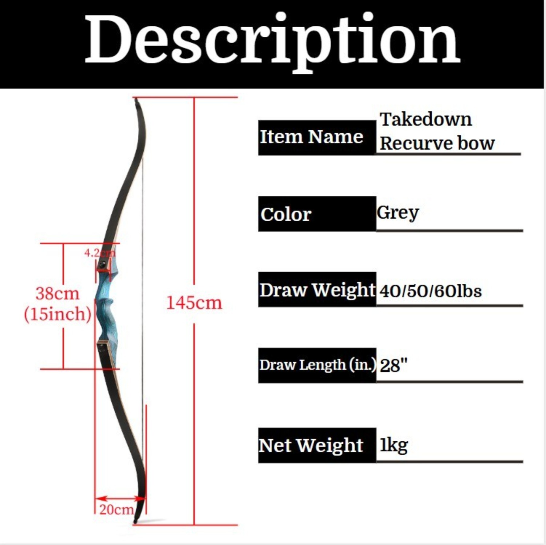 Black Hunter Wooden Recurve Takedown Bow for Adults