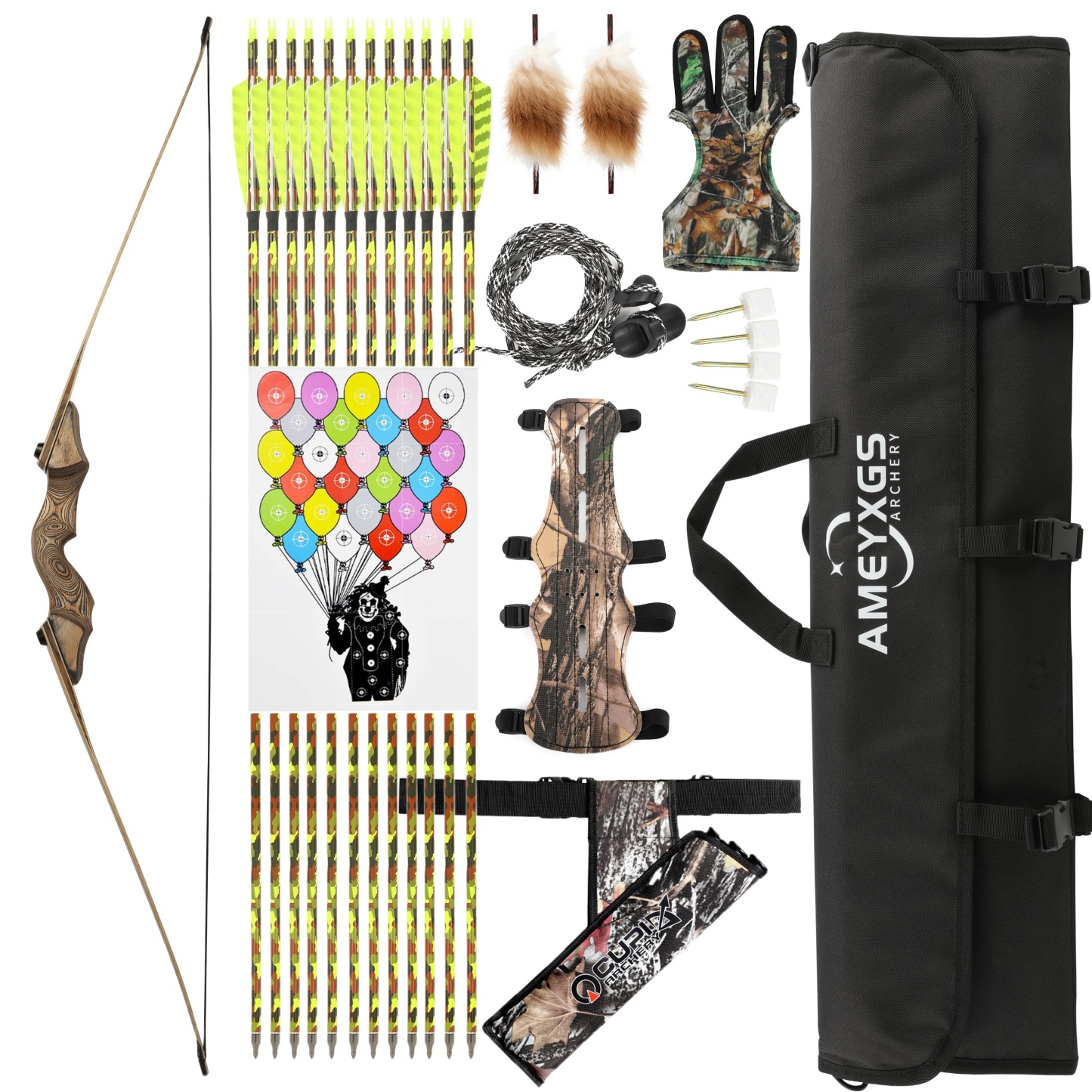 Black Hunter Wooden Longbow 20-60lbs Archery Hunting Kit