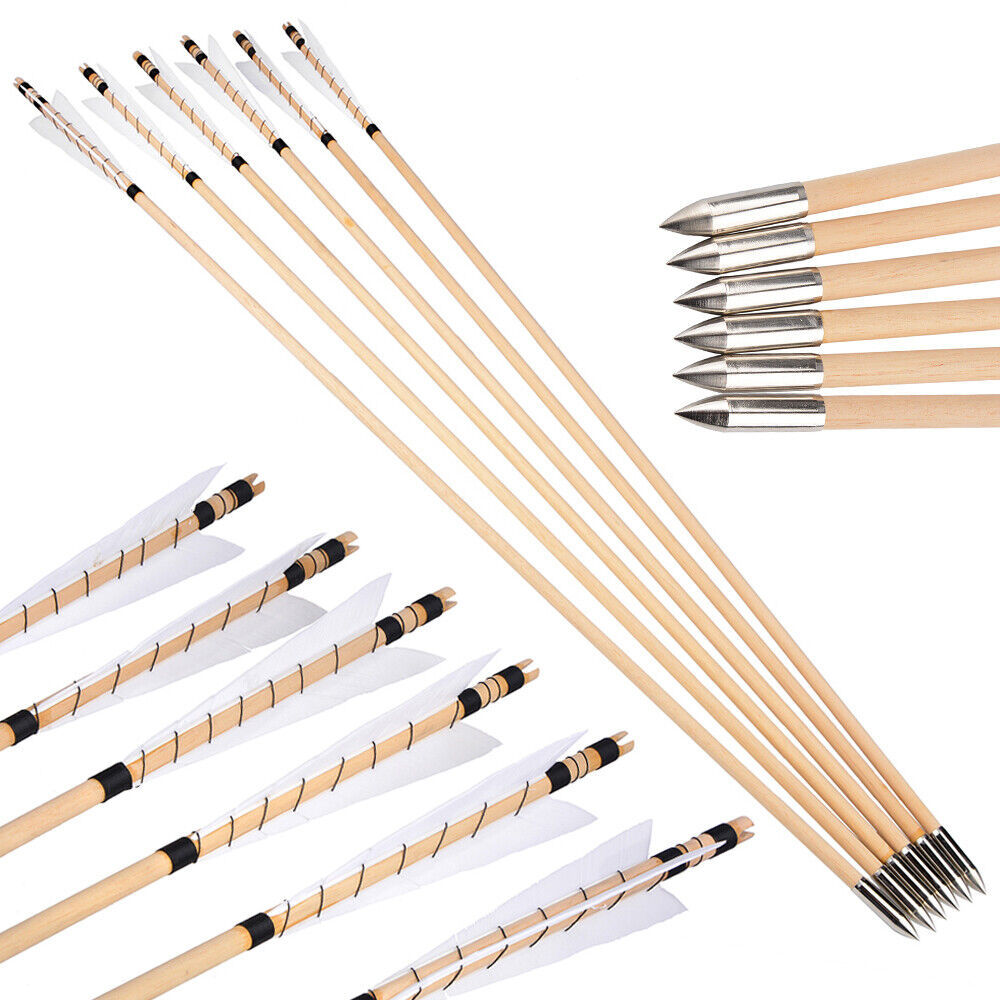 🎯32" Wooden Arrow Natural Feathers Traditional Archery-AMEYXGS Archery