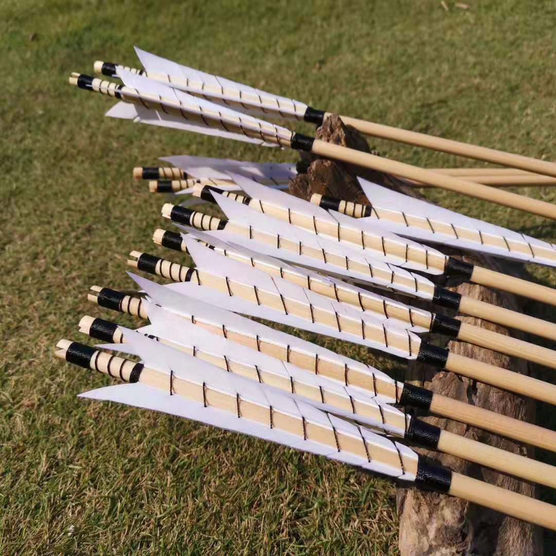 🎯32" Wooden Arrow Natural Feathers Traditional Archery-AMEYXGS Archery