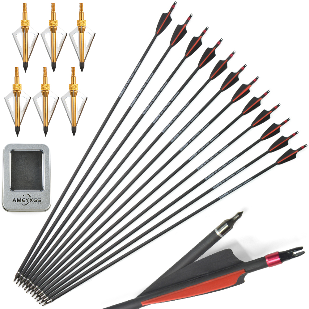12pcs Mixed Carbon Arrows with Rubber Feathers and 6 Yellow Jade Archery Arrowheads
