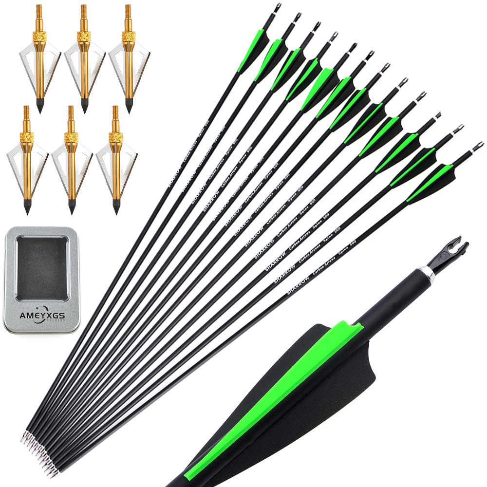 12pcs Mixed Carbon Arrows with Rubber Feathers and 6 Yellow Jade Archery Arrowheads
