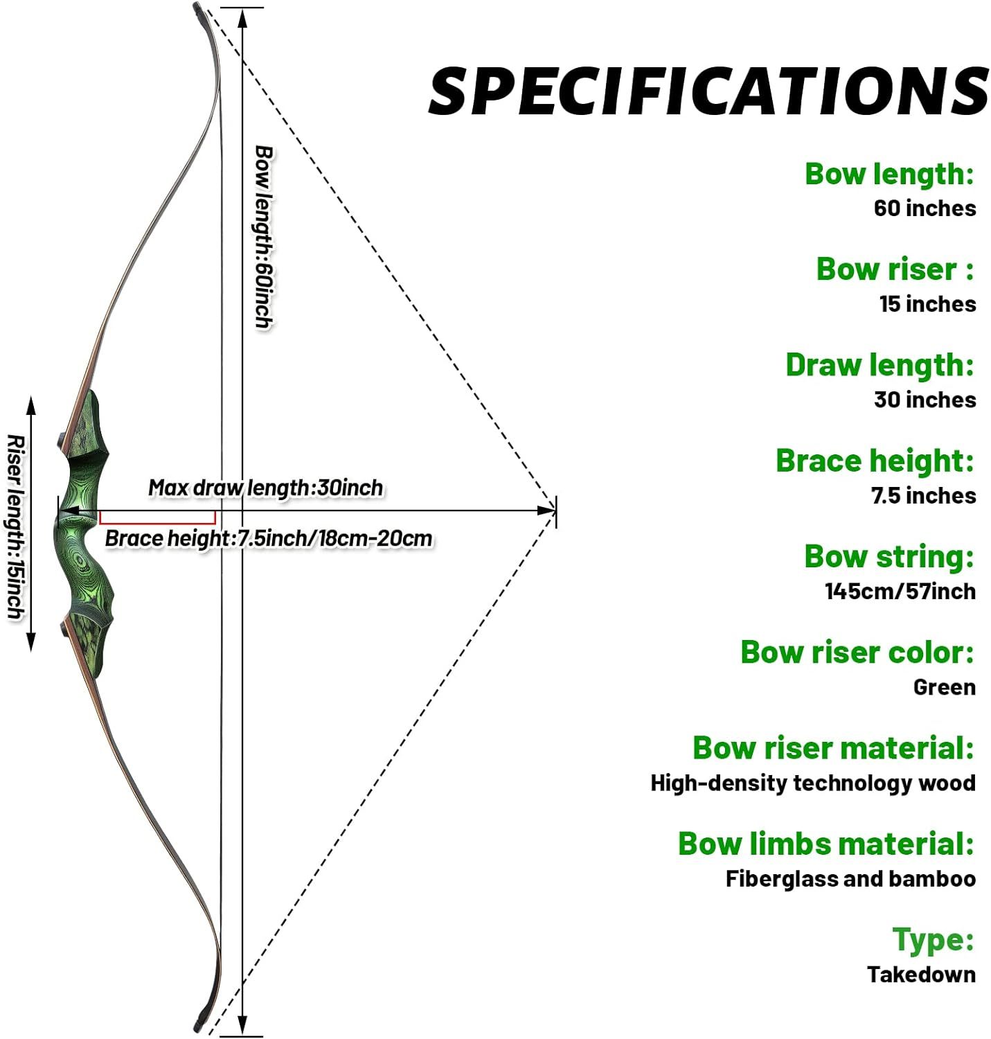 🎯60'' Black Hunter Takedown Recurve Bow 20-60Lbs Archery Practice Target-AMEYXGS Archery