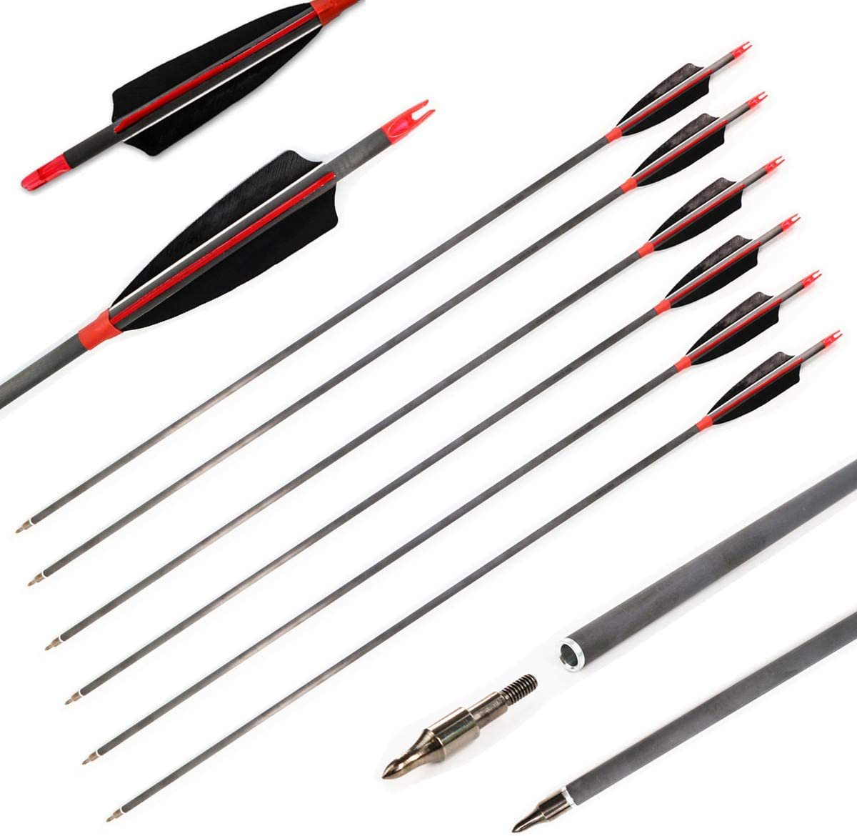 🎯Carbon Archery Arrows 500 Spine with Real Feathers for Compound Recurve Bow-AMEYXGS Archery