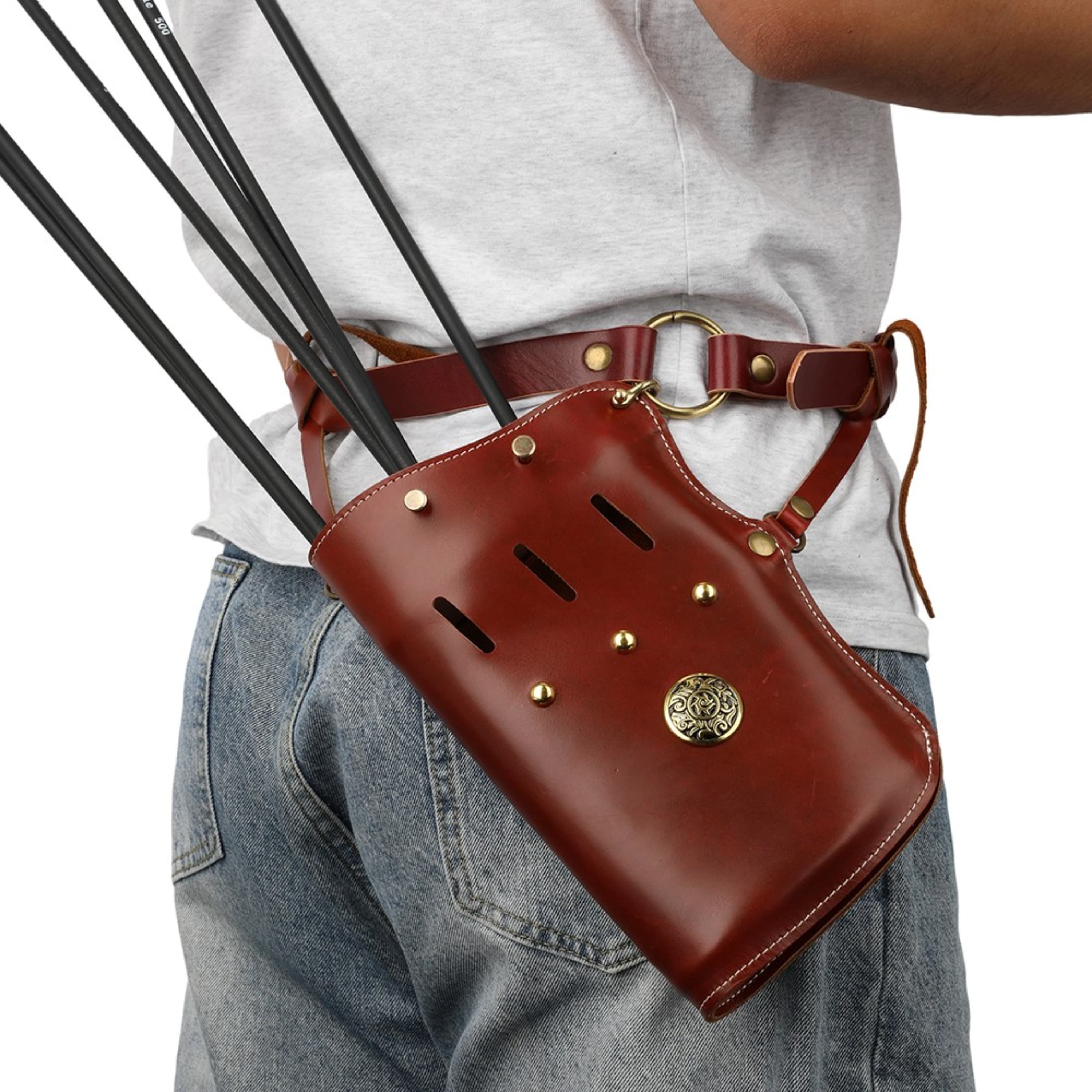 Traditional Cowhide Arrow Quiver Waist Holder for Archery