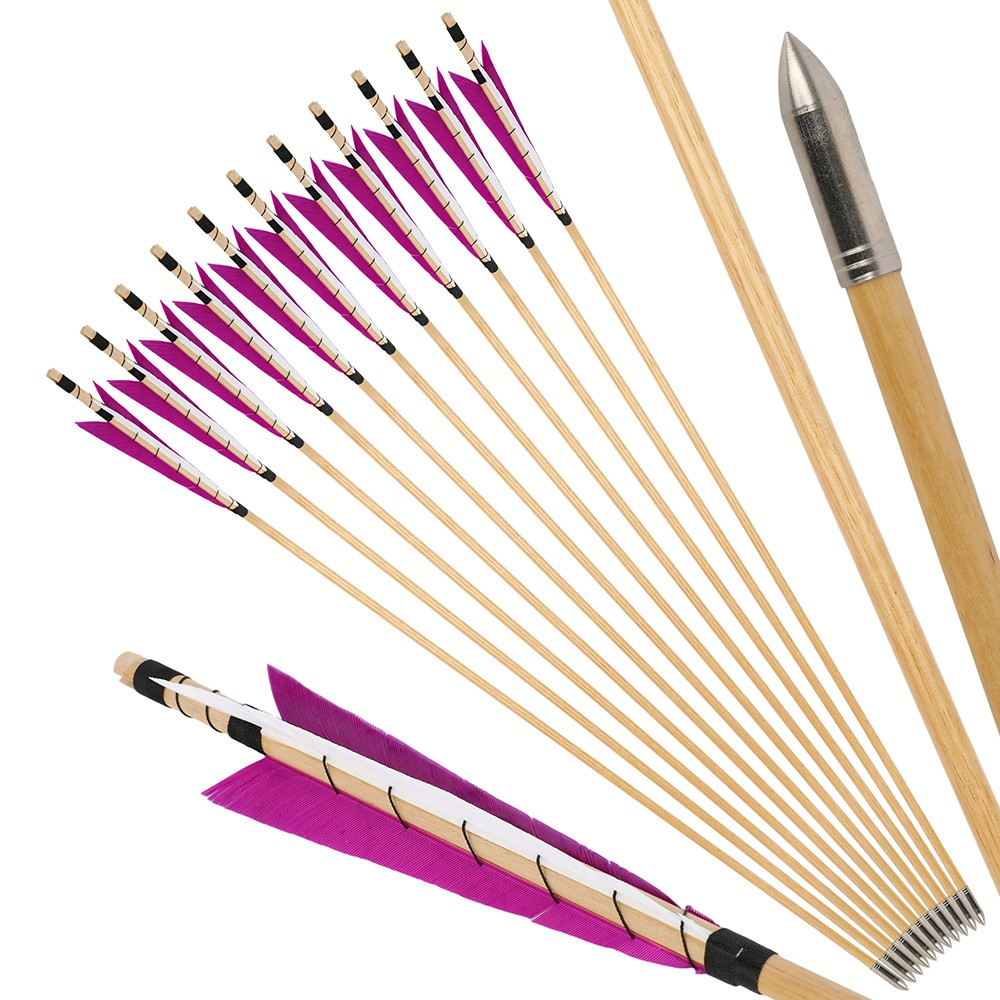 32" Traditional Wooden Arrow 5" Turkey Feathers & Field Points