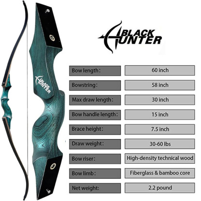 Black Hunter Original Recurve Bow 20-60 lbs with Carbon Arrows and Bow Case