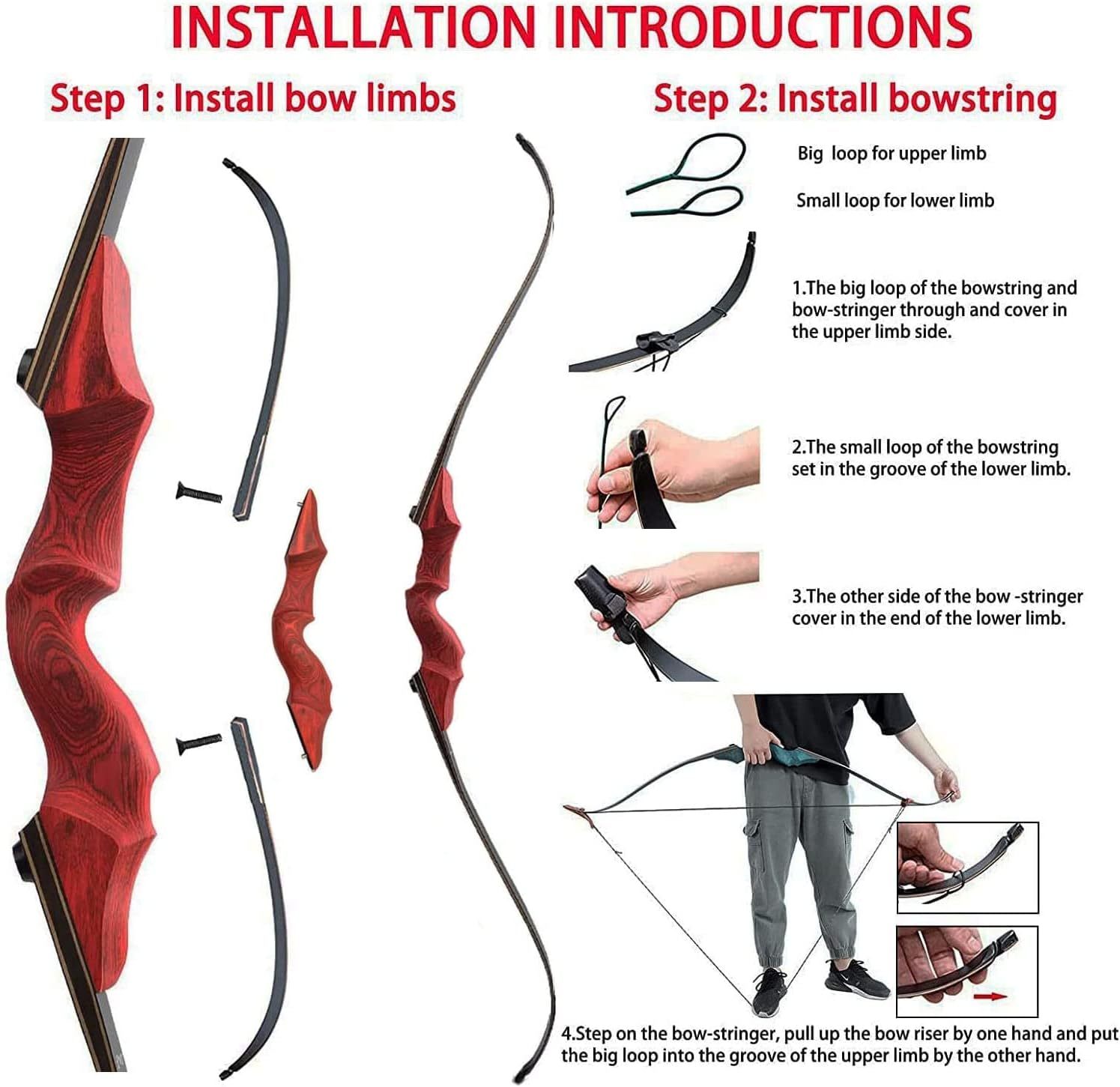 Black Hunter Red Recurve Bow 20-60lbs Broadhead Hunting Kit