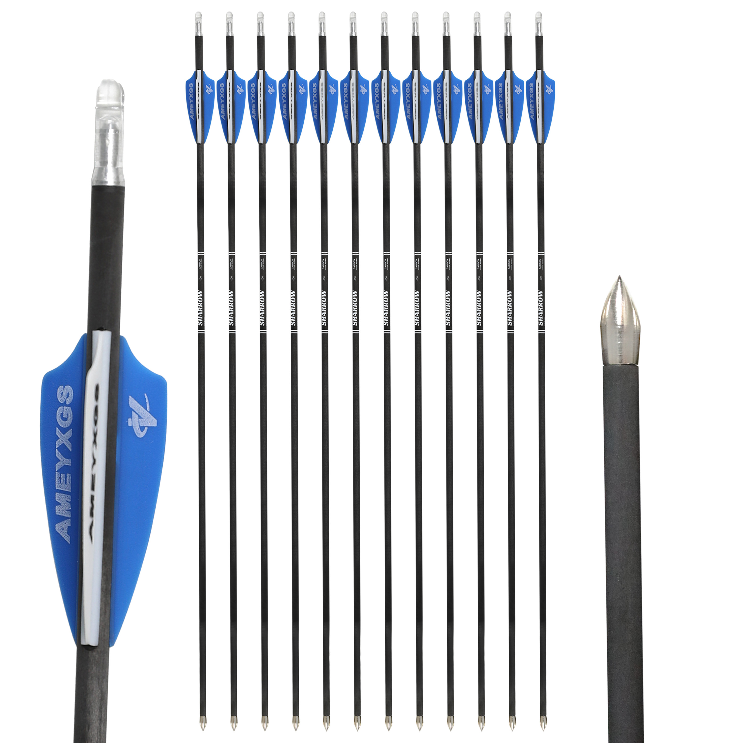 AMEYXGS 31'' Archery Carbon Arrows ID4.2mm SP500/600/900/1000 Recurve Bow Hunting-12pcs