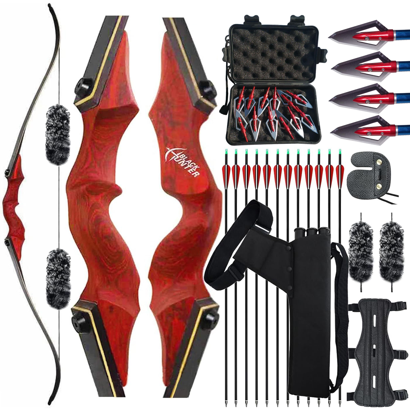 Black Hunter Red Recurve Bow 20-60lbs Broadhead Hunting Kit