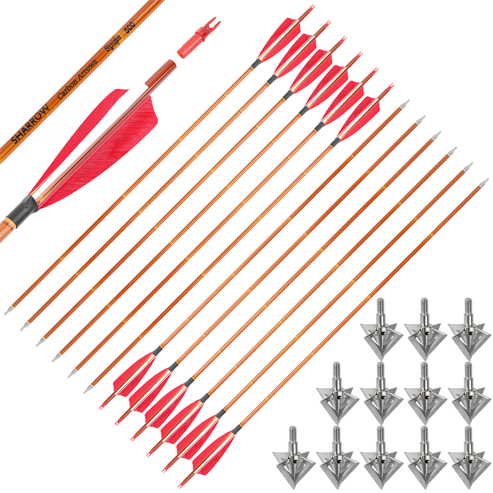 12pcs 30" Spine 500 Bamboo Pattern Arrows with 12 Bonus Cross-Star Arrowheads – Archery Training Set