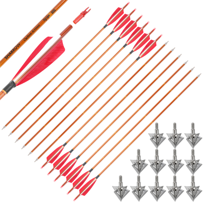 12pcs 30" Spine 500 Bamboo Pattern Arrows with 12 Bonus Cross-Star Arrowheads – Archery Training Set